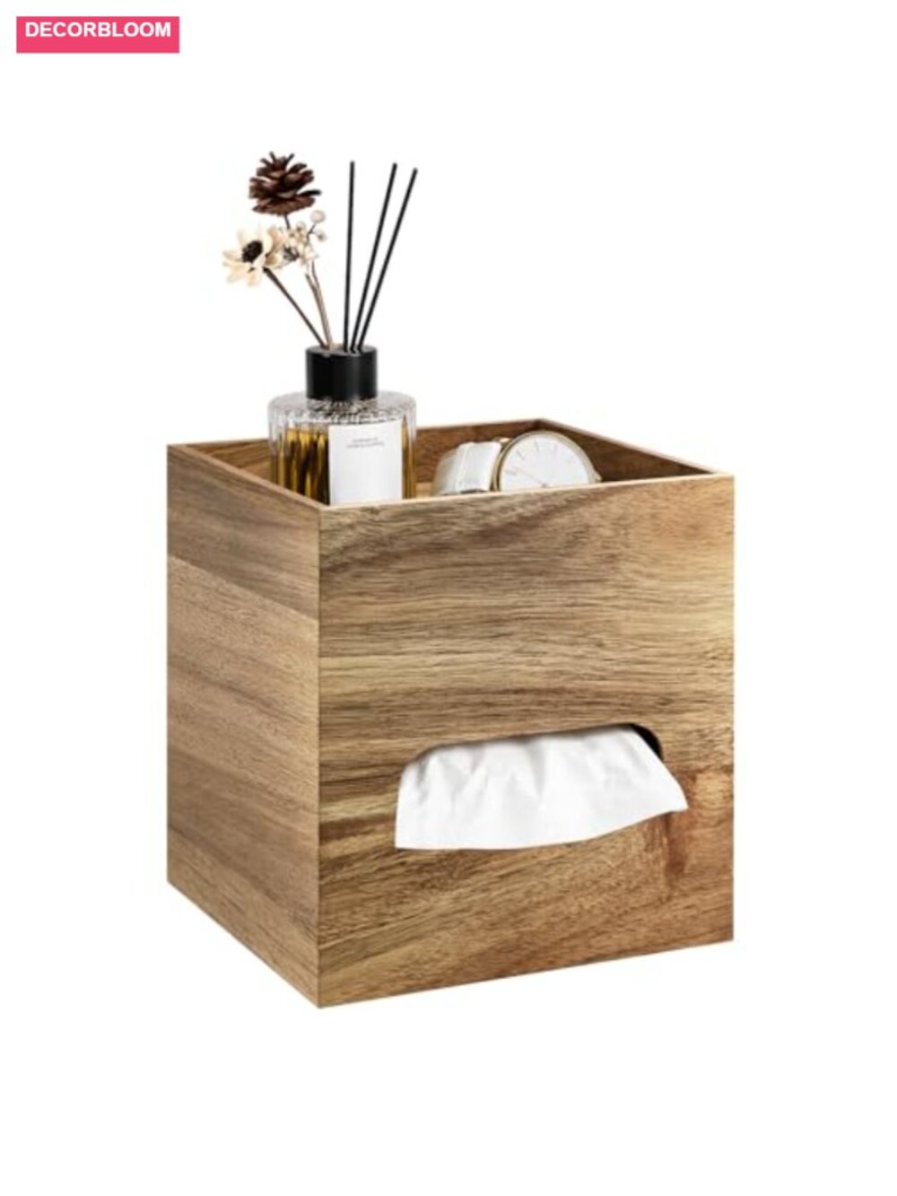 Wood Square Tissue Box Holder with Storage Tray Magnetic Door